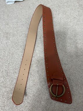 H&M Brown Studded Wide Leather Belt with Round Brass Buckle